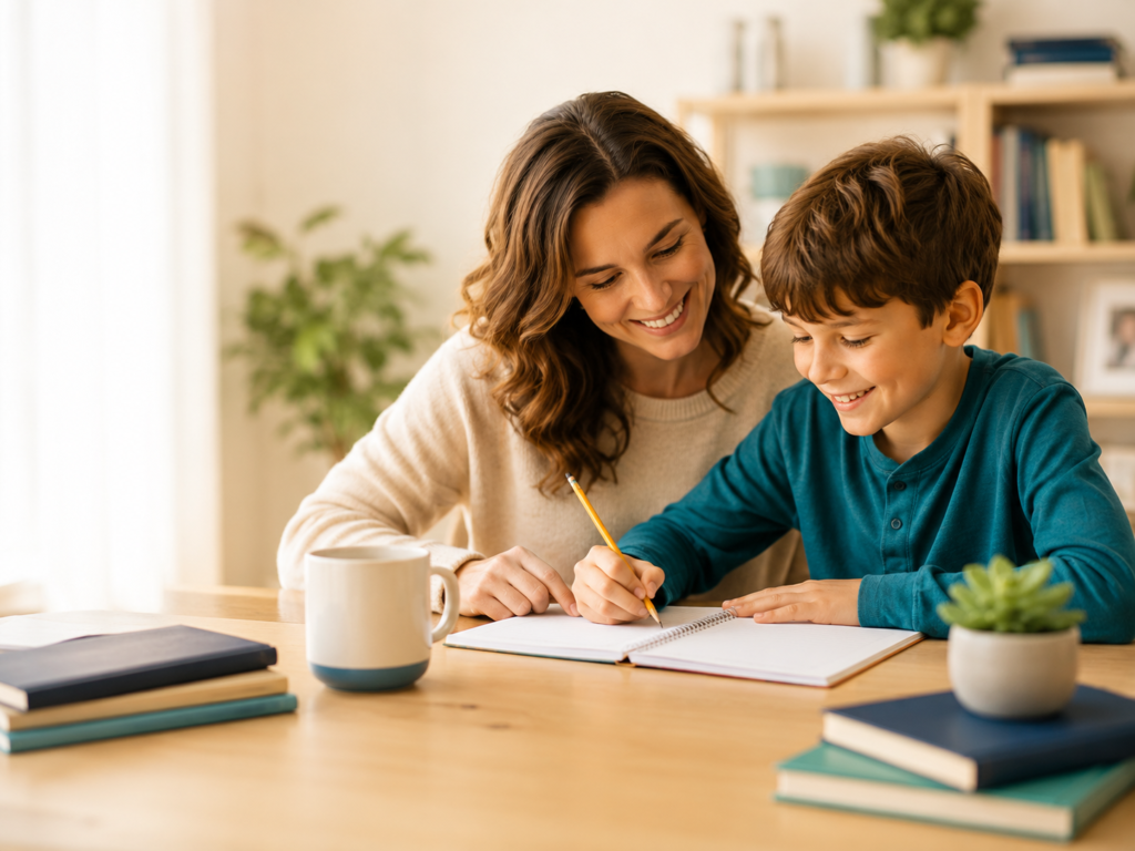 Homeschool parent and child learning together at a table
